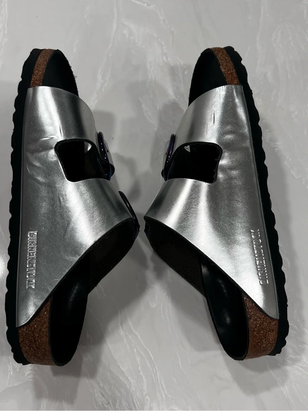 Birkenstock Arizona Big Buckle Slide Sandals Silver Metallic Leather Women's 37